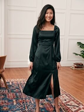 RIHOAS Black Satin Square-Neck Midi Dress with Front Slit